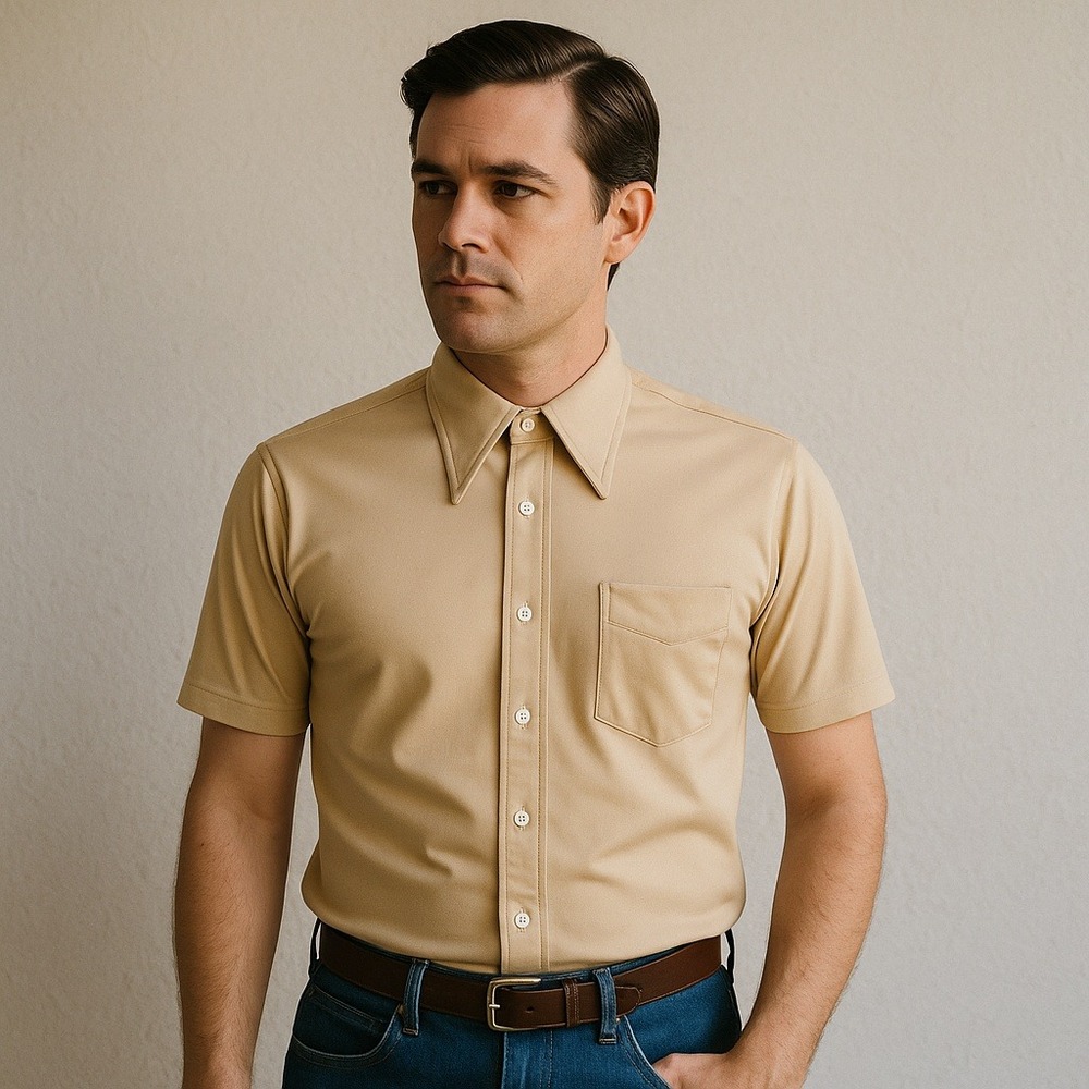 Vintage David Harrison Tan Short Sleeve Button‎ Up Shirt L 16-16.5 Mod 70s Style